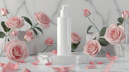 Mock-up beauty product with a white bottle on a marble podium, surrounded by tender pink roses and rose petals, showcasing the essence of natural beauty