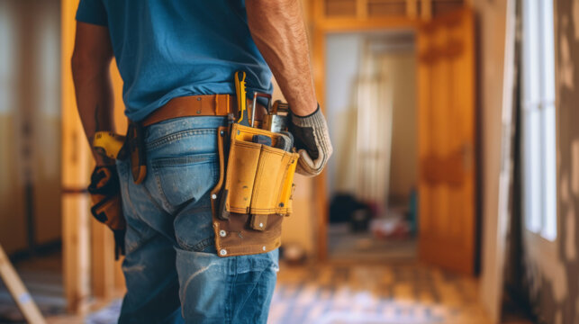 A close-up of a construction worker with a tool belt filled with various tools, standing in a room undergoing renovation.