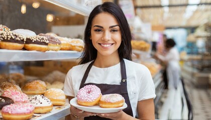  Smiling woman posing at a doughnut shop looking at the camera - Powered by Adobe