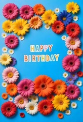  A Happy Birthday card surrounded by a variety of colorful flowers on a blue background