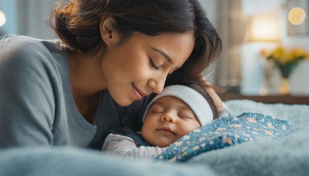 Tender bond Bright image of a mother's love with her peacefully sleeping infant at home bed