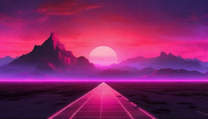 Wall murals Pink Synthwave retro cyberpunk style landscape background banner or wallpaper