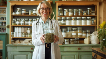 Fototapeta na wymiar cheerful woman holding a large glass jar containing herbs, standing in front of a shelf stocked with various labeled jars