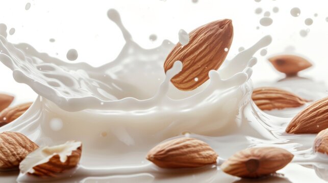 Milk flying in the air with almond kernels on a solid white background. Milk splash with almonds. Ideal for advertising milk.