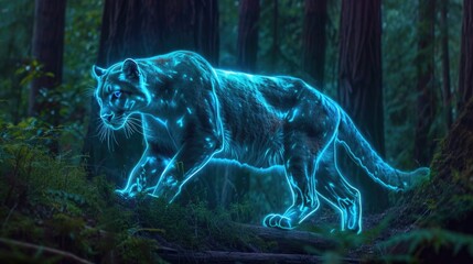 A holographic mountain lion prowls through a forest drawing attention to the need for protected areas for these elusive creatures to