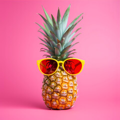 Funny pineapple in sunglasses on a pink background. Summer concept.