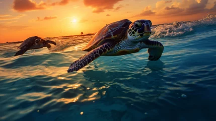 Rolgordijnen Sea turtles swim in the beautiful blue ocean © Julie