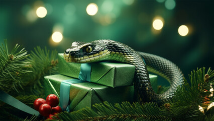 Fototapeta premium Green tree snake on a green background, decorated with Christmas tree branches. Merry Christmas and New Year concept. Holidays background.