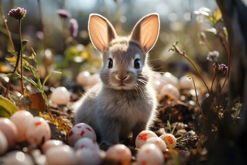 Hermoso conejo en la hierba rodedo de plantas silvestres  y algunos huevos pequeños.  Primavera,...