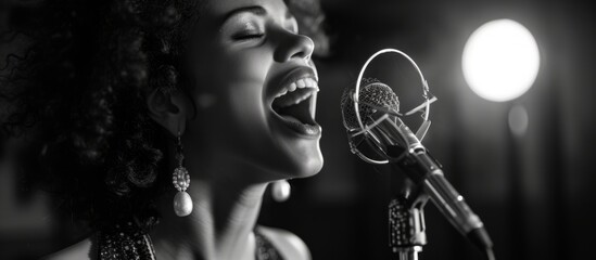 Enthusiastic woman passionately singing into a classic microphone on stage during live performance