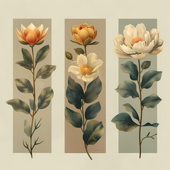 Elegant Trio of Stylized Floral Illustrations on Soft Beige Background