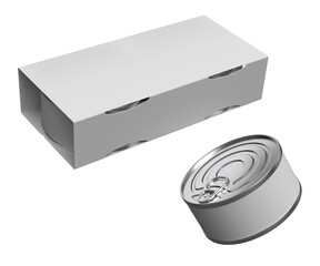 Silver tuna can with a white label mockup, with box, in different angles without background