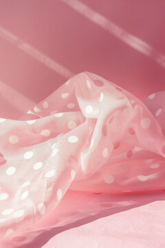 Abstract fashion background of soft floating tulle in bright hues of pink and peach with polka dots.