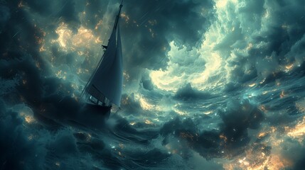 Little ship inside the storm. One sailboat travels in the moment of horrible hurricane at sea or ocean. - obrazy, fototapety, plakaty