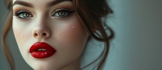 Glamorous woman with bold red lipstick and striking white face makeup in elegant beauty portrait - obrazy, fototapety, plakaty