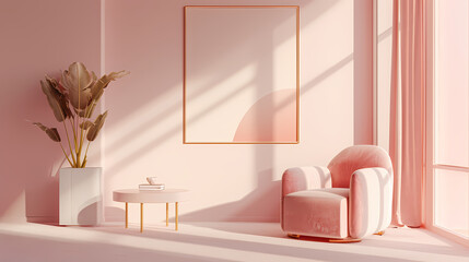 Minimalist interior design with stylish furniture and a mockup poster artwork, Peach fuzz pantone 2024
