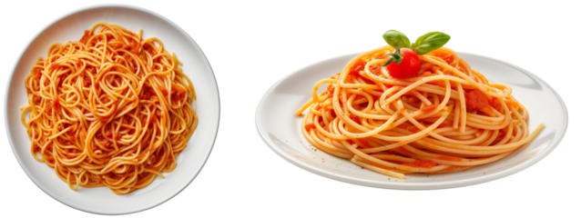 Pasta al Pomodoro bundle, spaghetti with tomato sauce, top and side view, isolated on a white background