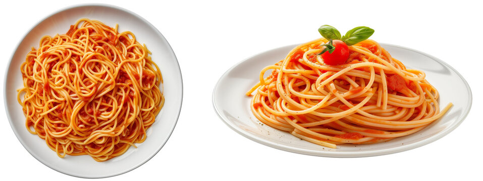 Pasta al Pomodoro bundle, spaghetti with tomato sauce, top and side view, isolated on a white background