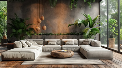 Minimalist living room interior with wooden floor, decor on a large wall, beautiful room with modern style, still life shot, home decor, plants and wide windows,