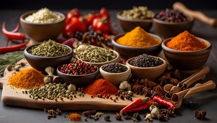 Spices and dried vegetables with cutting board