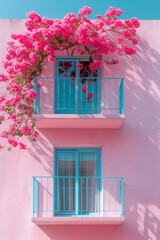 Two turquoise balconies on a pastel pink facade with magenta flowers. Concept of summer, sun, travel, vacation and holidays.
