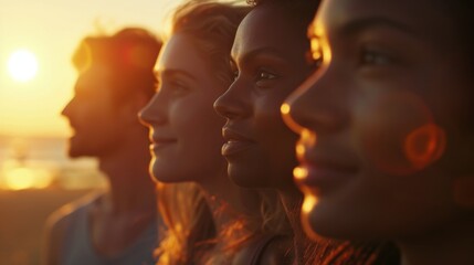 A group of women bask in the warm sun, sharing a moment of love and connection as they gaze off into the distance with radiant smiles and sparkling eyes