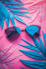 Summer minimalist scene with palm tree and sunglasses against vibrant magenta and blue background. Travel, vacation, Mediterranean, sun.