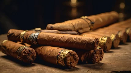 Papier Peint photo autocollant Havana Cuban cigars on wooden table. Soft focus