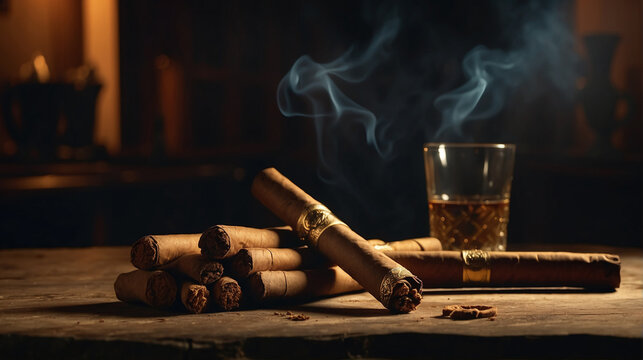 Cuban cigars and a glass of whiskey at the bar. Dark background. Free space for text