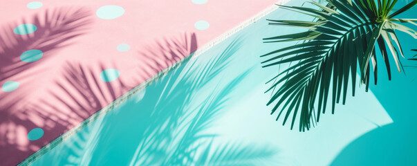 Summer minimalist scene with palm tree against vibrant magenta and blue background. Travel, vacation, Mediterranean, sun.