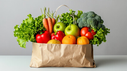 Fresh vegetables and fruits in a paper bag on a gray background.