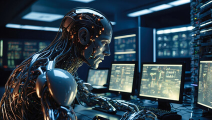 technological metallic humanoid in a server room working on computer - cybersecurity vulnerability and hacker malware concept
