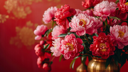 Bouquet of pink peonies in vase on red background