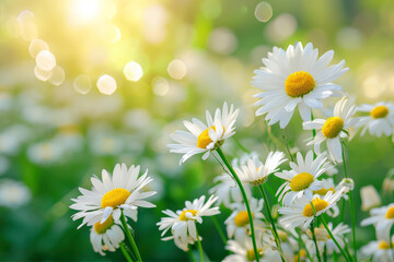 White daisies on a green meadow in the rays of the sun