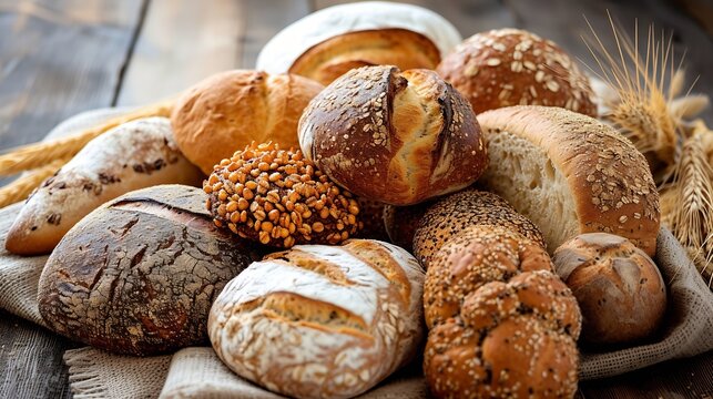 Generative AI : Different kinds of bread with nutrition whole grains on wooden background. Food and bakery in kitchen concept. 