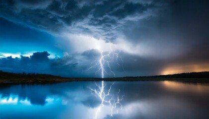 Dramatic clouds at night with lightning and thunder. Stormy weather. Above lake water.