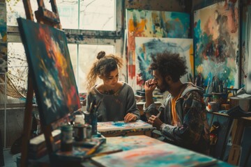 A couple dressed in fashionable clothing stand in an elegant indoor room surrounded by colorful paintings, evoking a sense of sophistication and appreciation for street art
