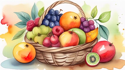 Naklejka na ściany i meble clipart fruit basket watercolor illustration