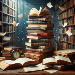 Stack of books and alarm clock flying in the dark library. Education concept