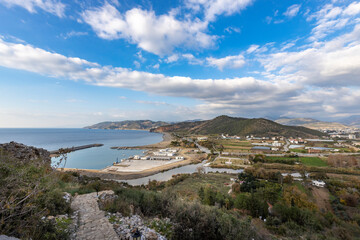 Panoramic view of the countryside and the Mediterranean coast, view from the mountain to a landscape with clouds and sea.