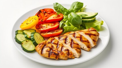 Generative AI : plate of grilled chicken with vegetables isolated on white background