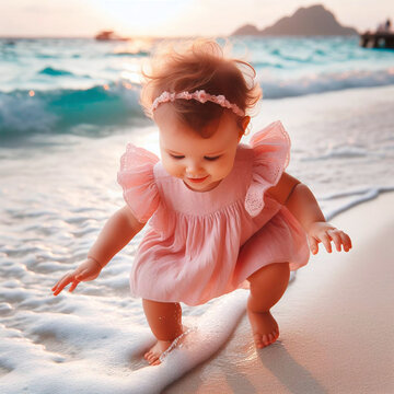 Adorable baby girl playing on the beach during sunset