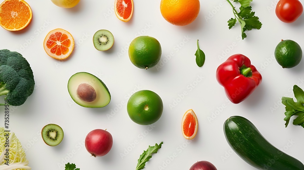 Poster generative ai : wide collage of fresh fruits and vegetables for layout isolated on white background.