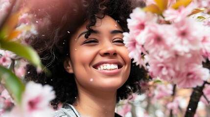 Generative AI : Beautiful happy young woman enjoying smell in a flowering spring garden - obrazy, fototapety, plakaty