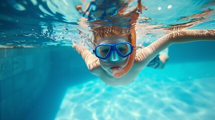 Generative AI : A boy in a swimming pool with a mask and snorkel holds on to the edge and dives into the pool. Summer fun by the pool.  - obrazy, fototapety, plakaty