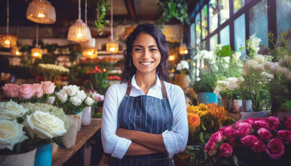  Smiling attractive hispanic female Small business owner in her florist shop  - obrazy, fototapety, plakaty