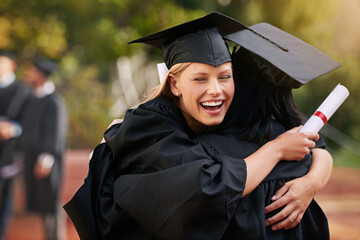 Graduation, smile and hug with student friends outdoor together on campus university or college....