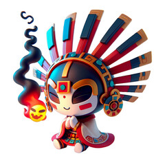Colorful Animated Character with Traditional Aztec Headdress and Cultural Symbols