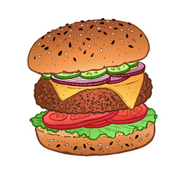 Vector color illustration of burger sandwich fast food meal with cutlet and cheese