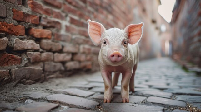 Cute little pig standing on the street and looking at the camera